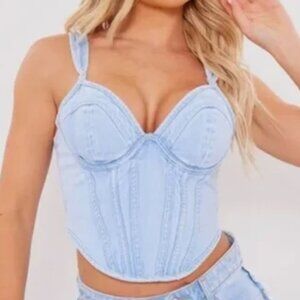 Pretty Little Thing Washed Blue Dip Hem Bust Cup Denim Corset